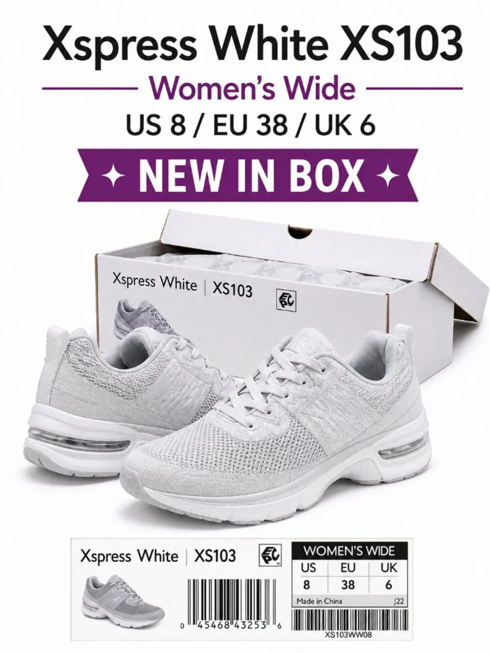 Aetrex XS103 Women’s Size 8 Wide White Arch Support Sneakers New in Box